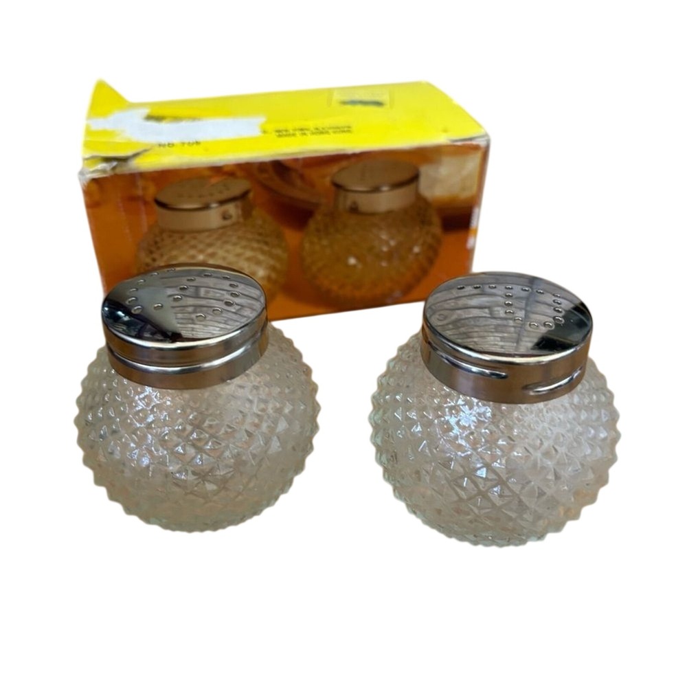 Vintage Round Textured Glass Salt and Pepper Shakers with Silver Top 2.25" Retro